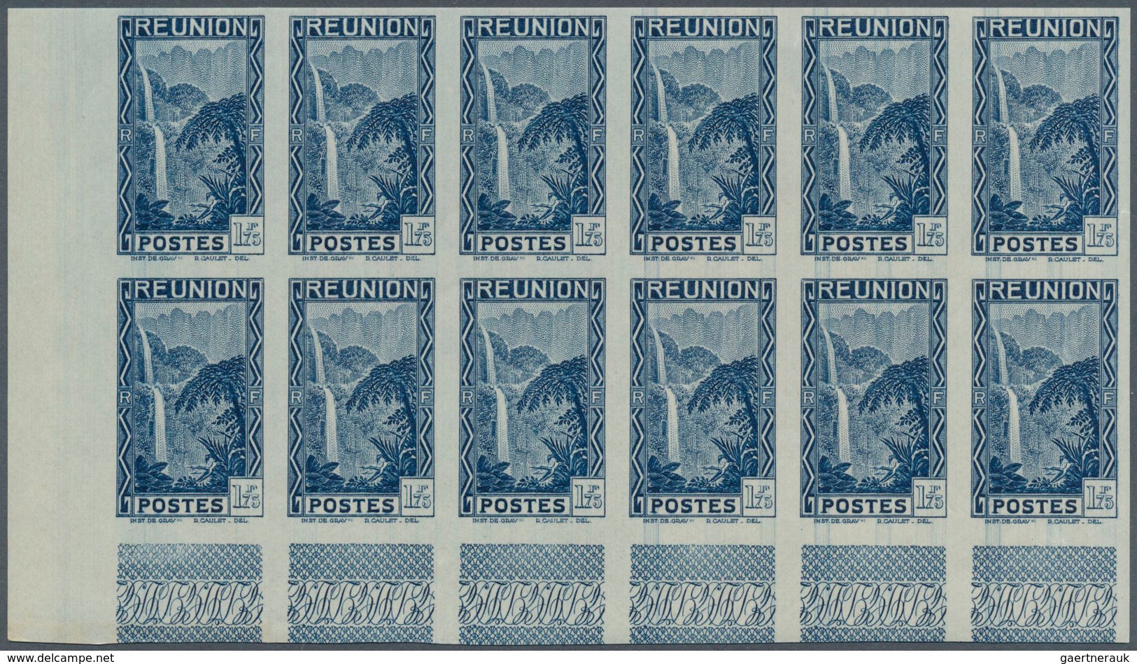 29534 Reunion: 1938, Definitives Pictorials, 1.75fr. "Waterfall" IMPERFORATE, 22 Copies Within Marginal Un - Lettres & Documents