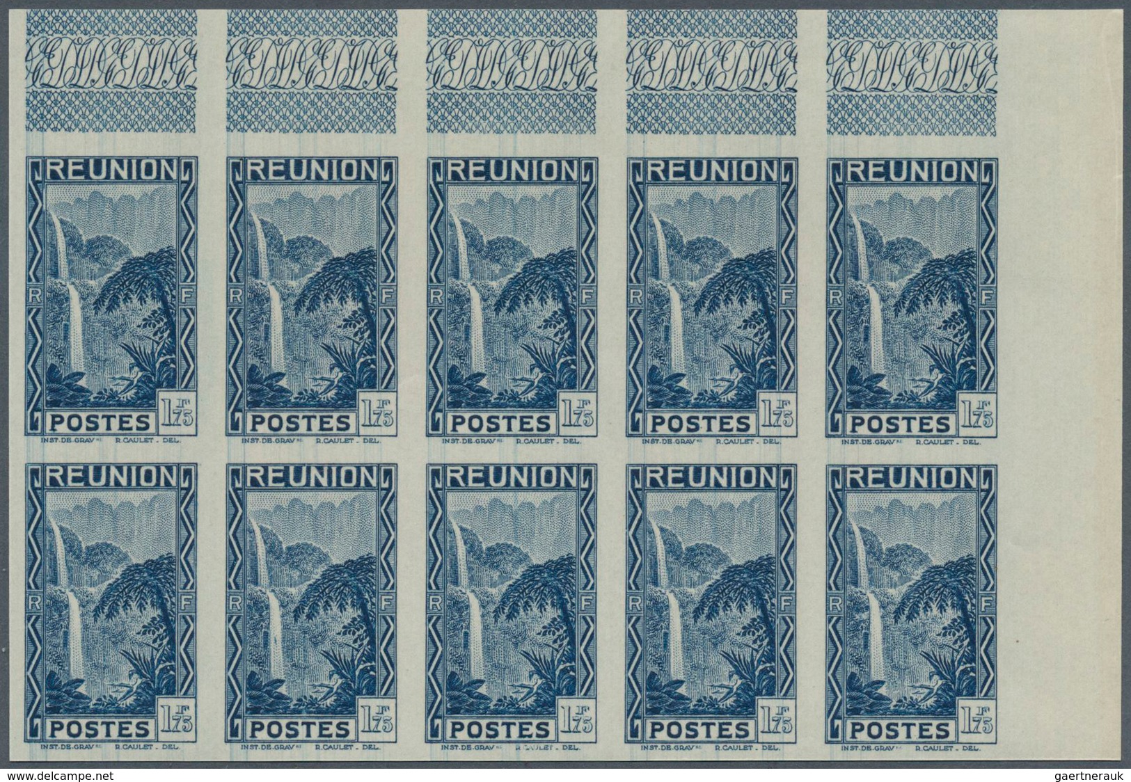 29534 Reunion: 1938, Definitives Pictorials, 1.75fr. "Waterfall" IMPERFORATE, 22 Copies Within Marginal Un - Lettres & Documents