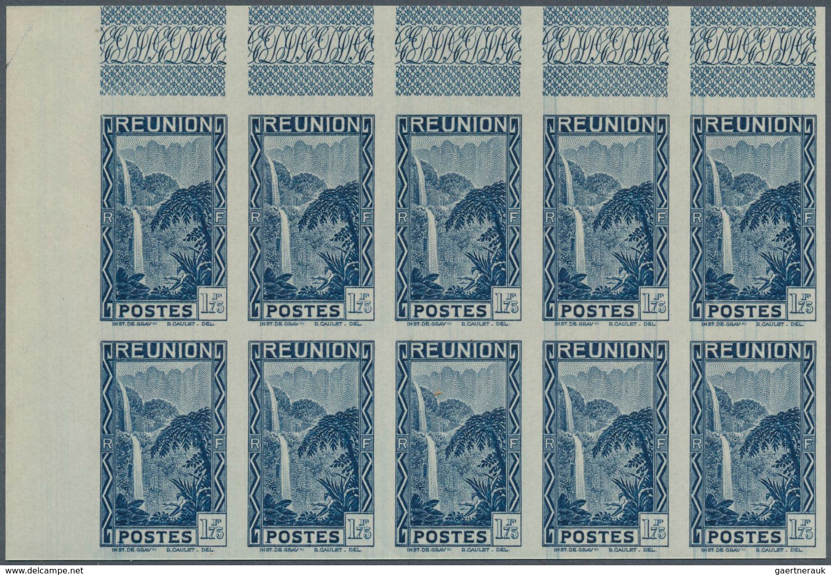 29535 Reunion: 1938, Definitives Pictorials, 1.75fr. "Waterfall" IMPERFORATE, 22 Copies Within Marginal Un - Brieven En Documenten