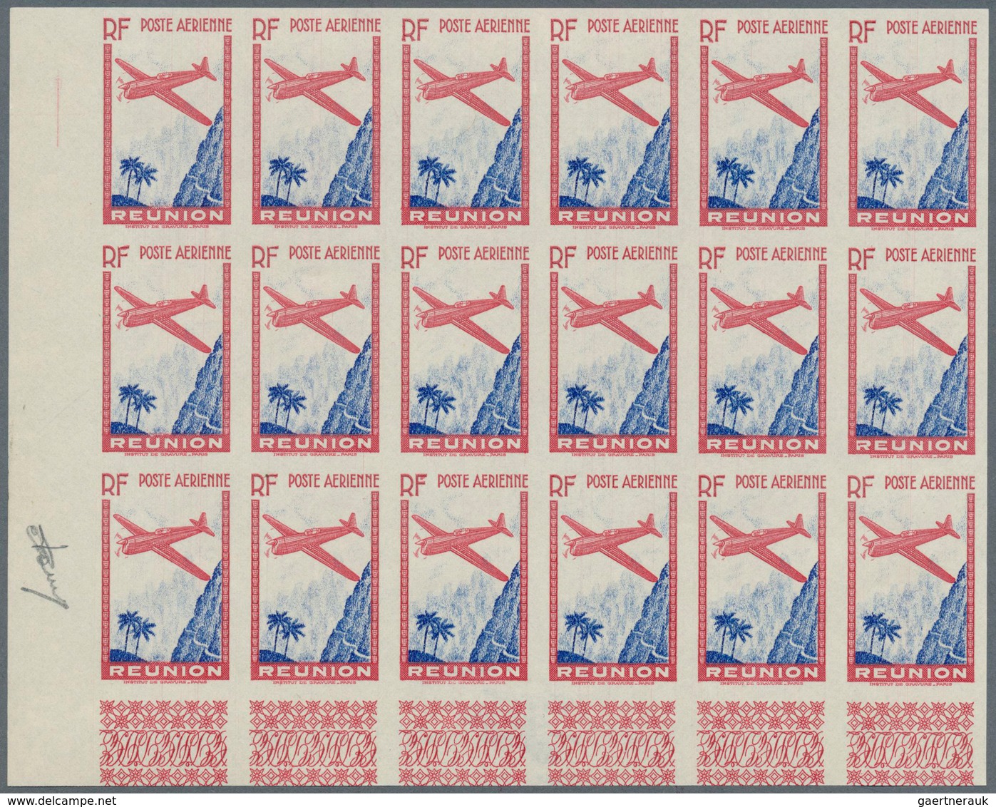 29536 Reunion: 1938, Airmails 9,65fr. IMPERFORATE WITHOUT VALUE, 45 Pieces Within Marginal Units, Unmounte - Brieven En Documenten