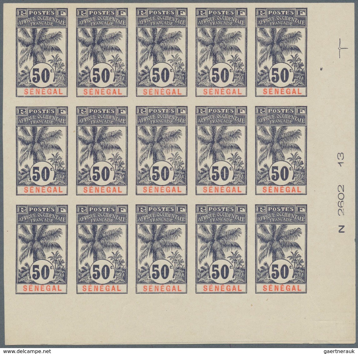 29542 Senegal: 1906, 50c. Palm Tree IMPERFORATE, 25 Copies Within Marginal Units (block Of 15 And Block Of - Senegal (1960-...)