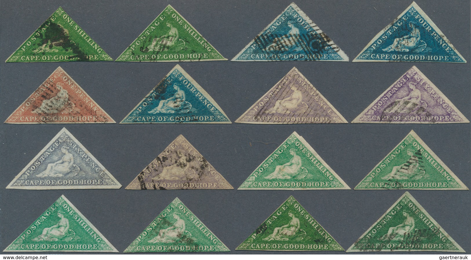 29548 Kap Der Guten Hoffnung: 1855/1864 (ca.), Triangulars, Lot Of 16 Single Stamps And One Pair, Slightly - Kap Der Guten Hoffnung (1853-1904)