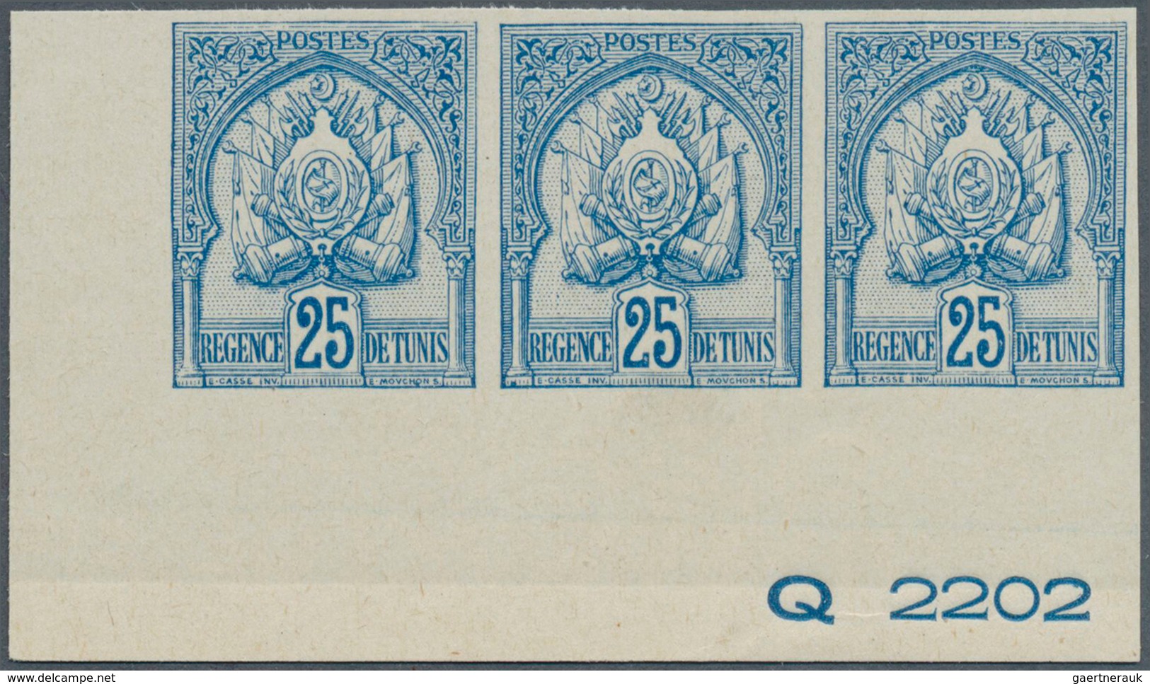 29560 Tunesien: 1901, Coat Of Arms, 25c. Blue IMPERFORATE, 33 Copies Within Marginal Units (two Blocks Of - Tunesien (1956-...)
