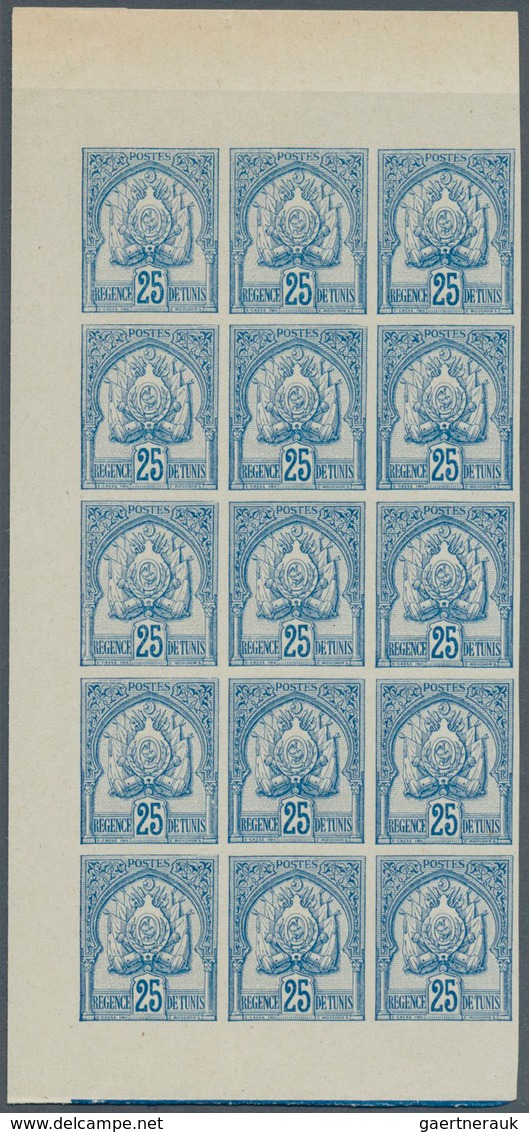 29560 Tunesien: 1901, Coat Of Arms, 25c. Blue IMPERFORATE, 33 Copies Within Marginal Units (two Blocks Of - Tunesië (1956-...)