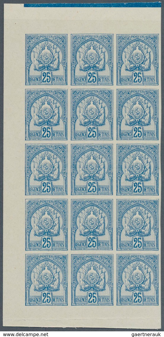 29560 Tunesien: 1901, Coat Of Arms, 25c. Blue IMPERFORATE, 33 Copies Within Marginal Units (two Blocks Of - Tunesien (1956-...)