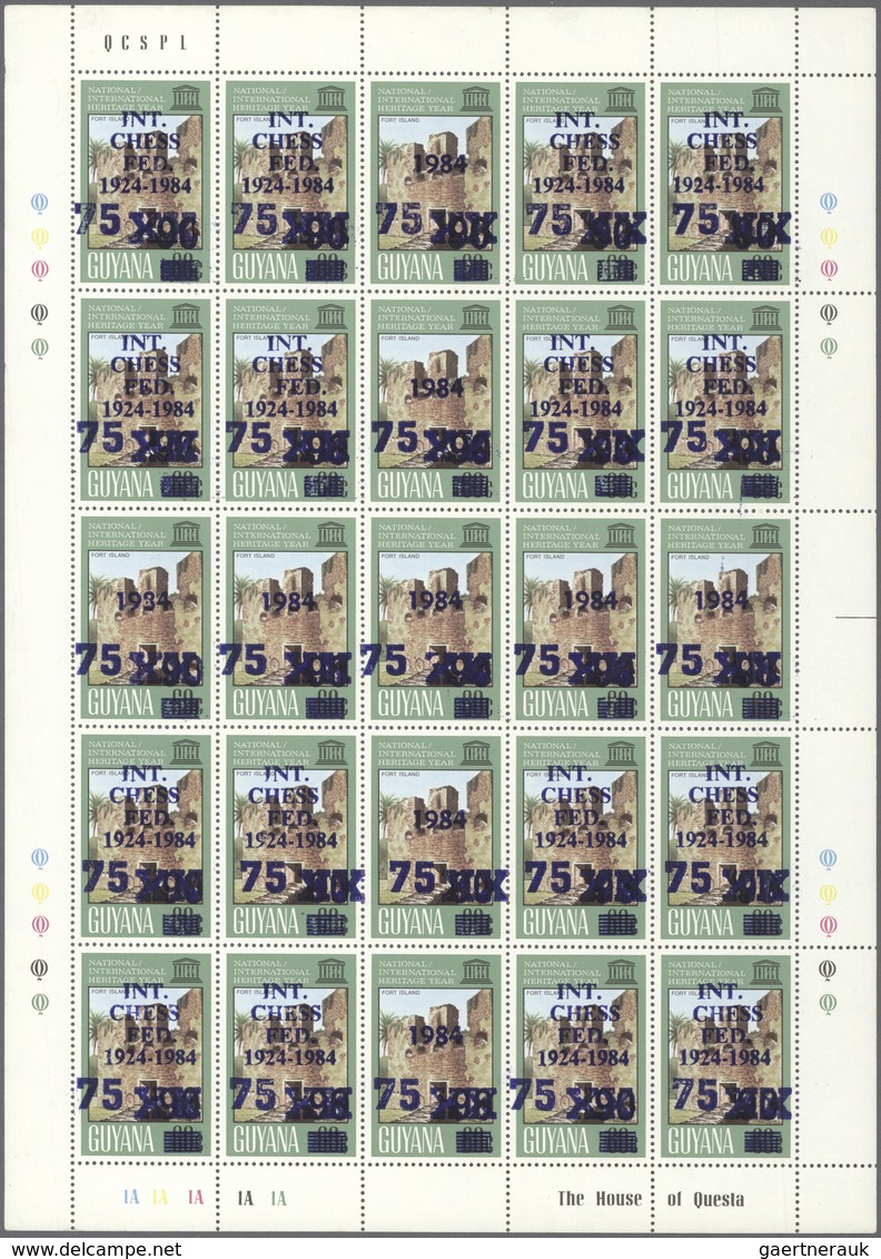 29649 Thematik: Spiele-Schach / Games-chess: 1984, Guyana. Lot Of 3 Complete Sheets Of 25 With Overprints - Schaken