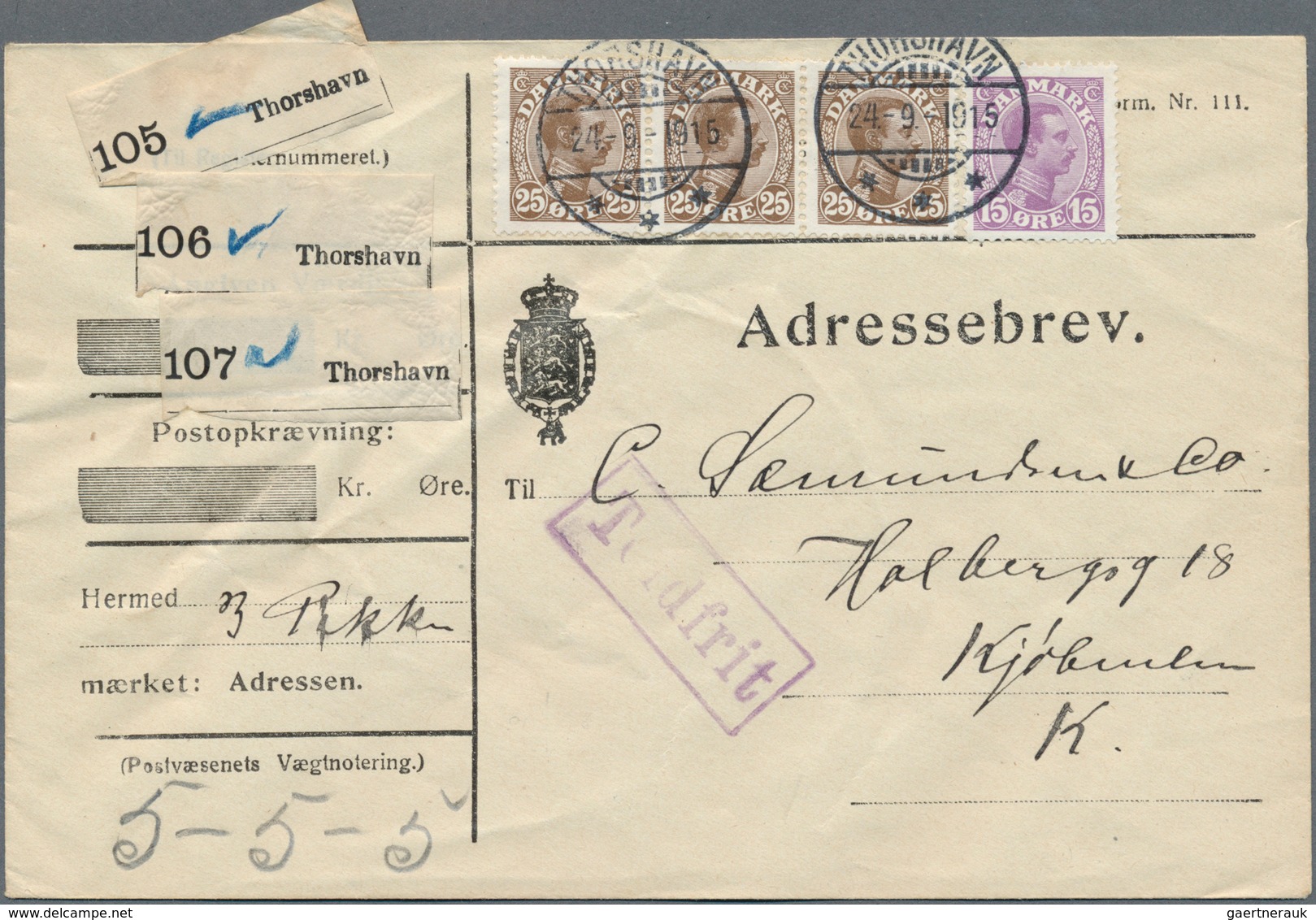 29670 Dänemark - Färöer: 1915/23, Drei Schöne Belege Dabei MiNr 1+ DK 67 Als Ortsbrief, DK69(2)+105 Auf We - Féroé (Iles)