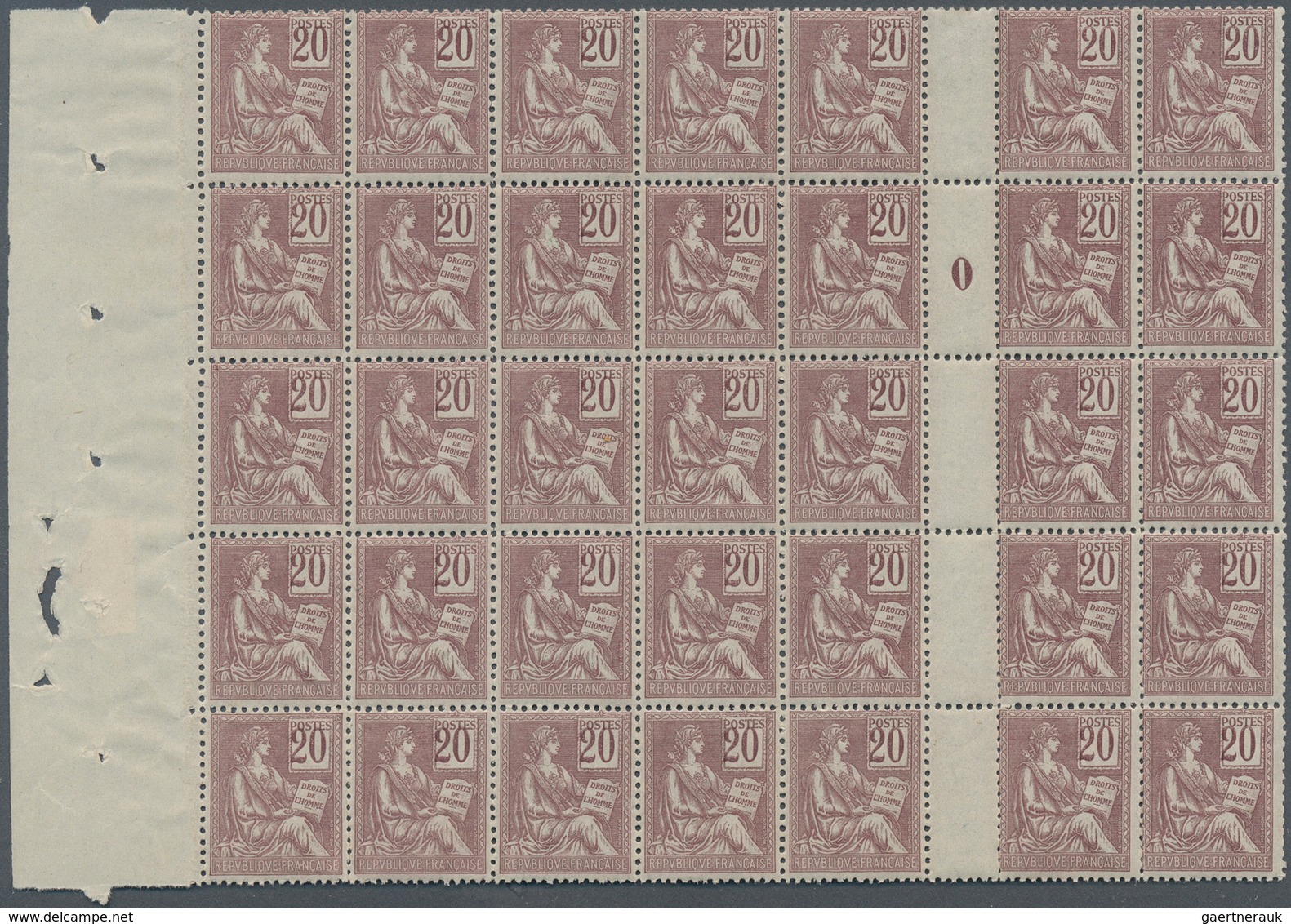 29697 Frankreich: 1900, MOUCHON 20c. Brownish Lilac, Gutter Block Of 35 Stamps, Unmounted Mint. Maury 113 - Gebruikt