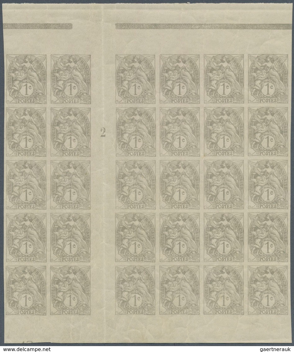 29700 Frankreich: 1900, BLANC, 1c. Grey, IMPERFORATE Gutter Block Of 30 Stamps With Millesime "2", Unmount - Gebruikt