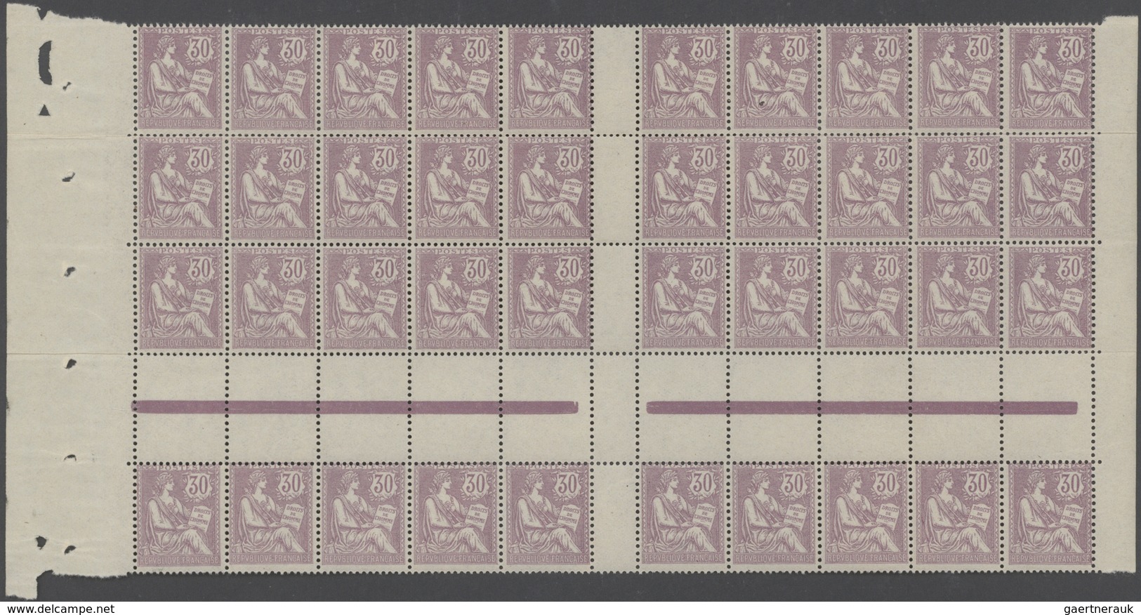 29702 Frankreich: 1902, MOUCHON 30c. Violet, Cross Gutter Block Of 40 Stamps (folded/partly Separated), Un - Gebruikt
