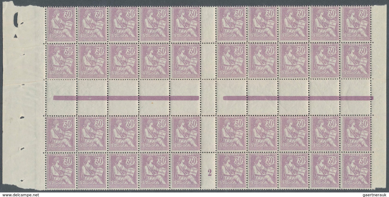 29703 Frankreich: 1902, MOUCHON, 30c. Violet, (folded) Cross Gutter Pane Of 40 Stamps, Unmounted Mint (14 - Gebruikt