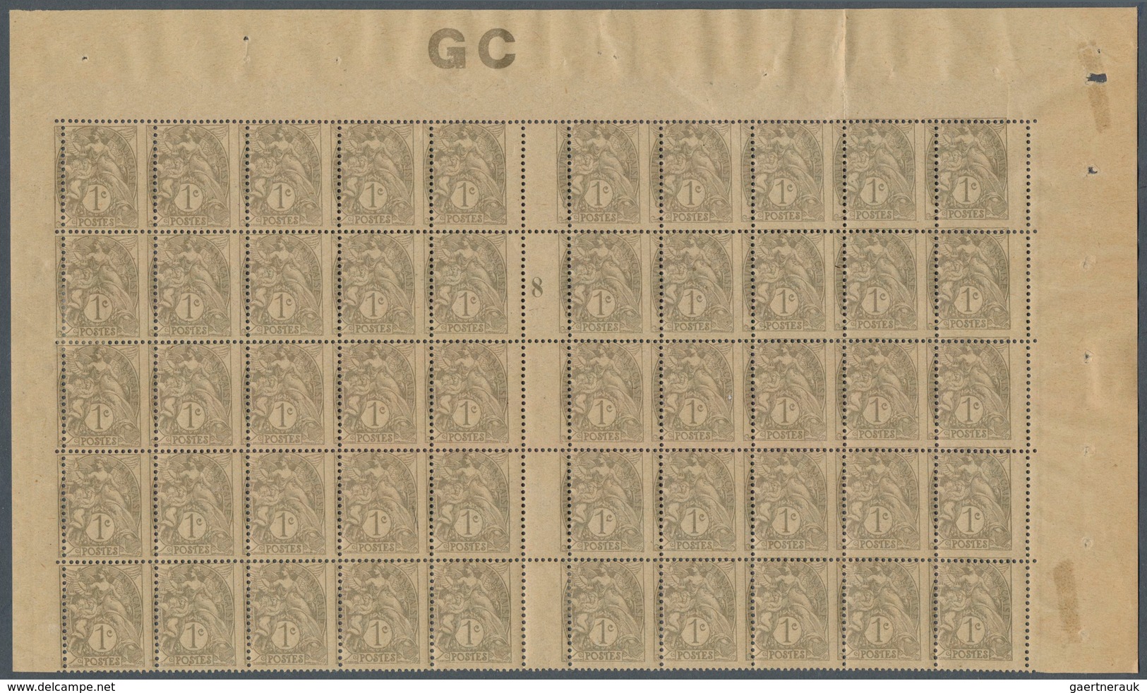 29707 Frankreich: 1916, BLANC, 1c. Grey GC Paper, Top Marginal Gutter Block Of 50 Stamps (folded) With Shi - Gebruikt