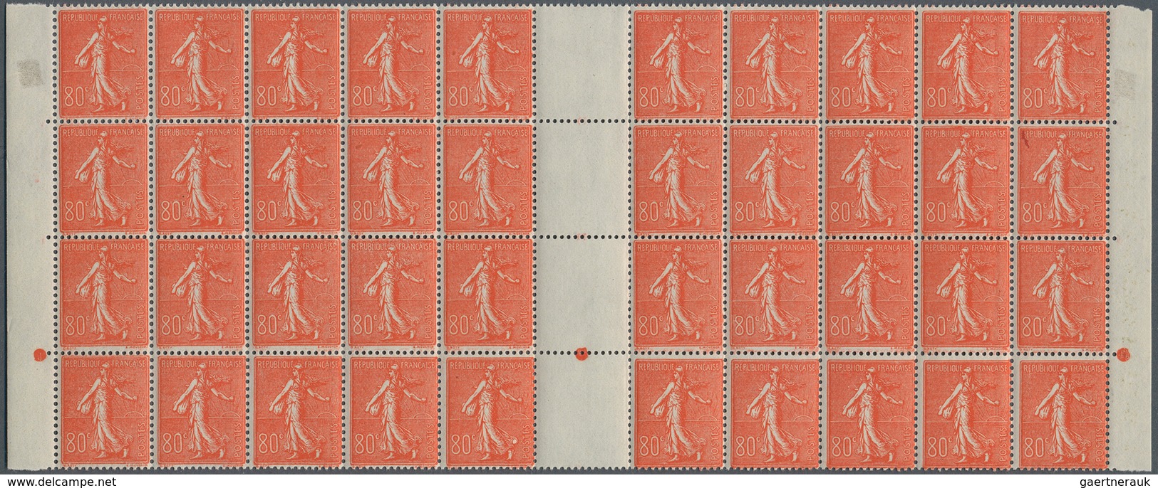 29708 Frankreich: 1925, Semeuse Lignee, 80c. Red, Gutter Block Of 40 Stamps, Unmounted Mint. Maury 203 (40 - Gebruikt