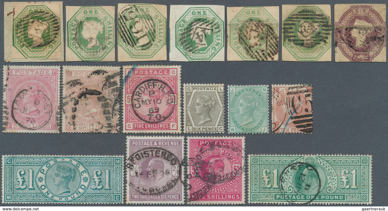 29738 Großbritannien: 1847/1911 (ca.), Lot Of 17 Stamps, Varied Condition, E.g. Embossed Issue 1s. Green ( - Sonstige & Ohne Zuordnung