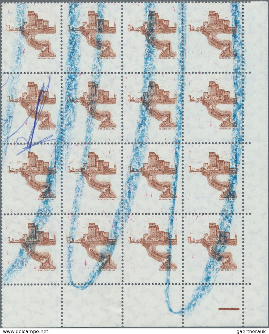 29759 Italien: 1980, Castles/palaces 800 Lire In A Block Of 16 With ONLY BROWN MIDDLE IMPRINT (only Minima - Poststempel