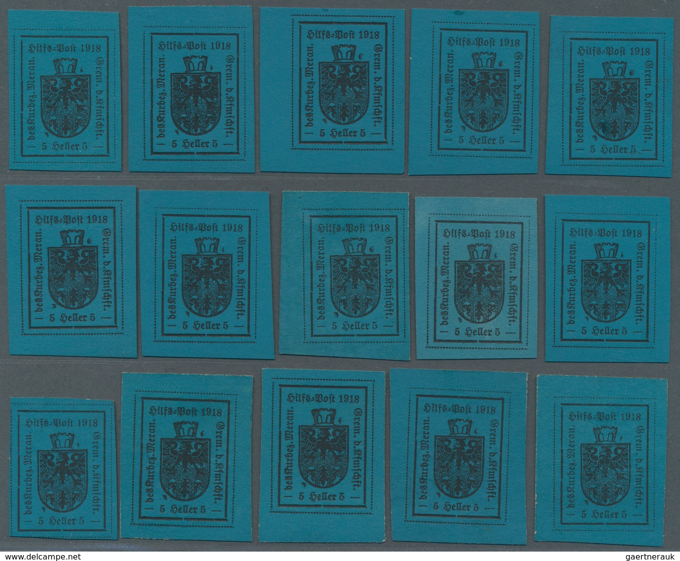 29761 Italien - Lokalausgaben 1918 - Meran: 1918, 5h. Black On Blue, Type II, Lot Of 15 Unused Copies. Sas - Meran