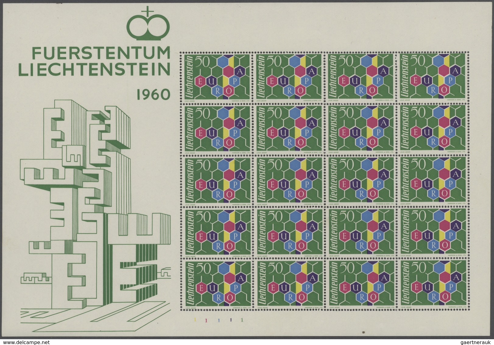29782 Liechtenstein: 1960, 50 Rp. Europa, Kleinbogen Zu 20 Werten Postfrisch (kl. Beanstandungen Nur Im Bo - Brieven En Documenten