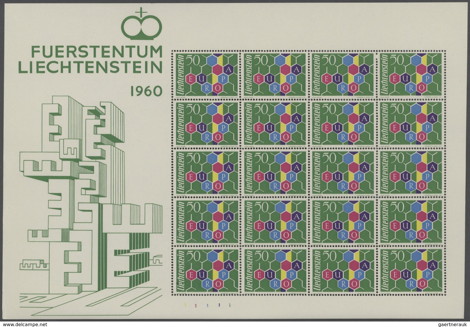 29783 Liechtenstein: 1960, 50 Rp. Europa, Kleinbogen Zu 20 Werten Postfrisch (kl. Beanstandungen Nur Im Bo - Briefe U. Dokumente