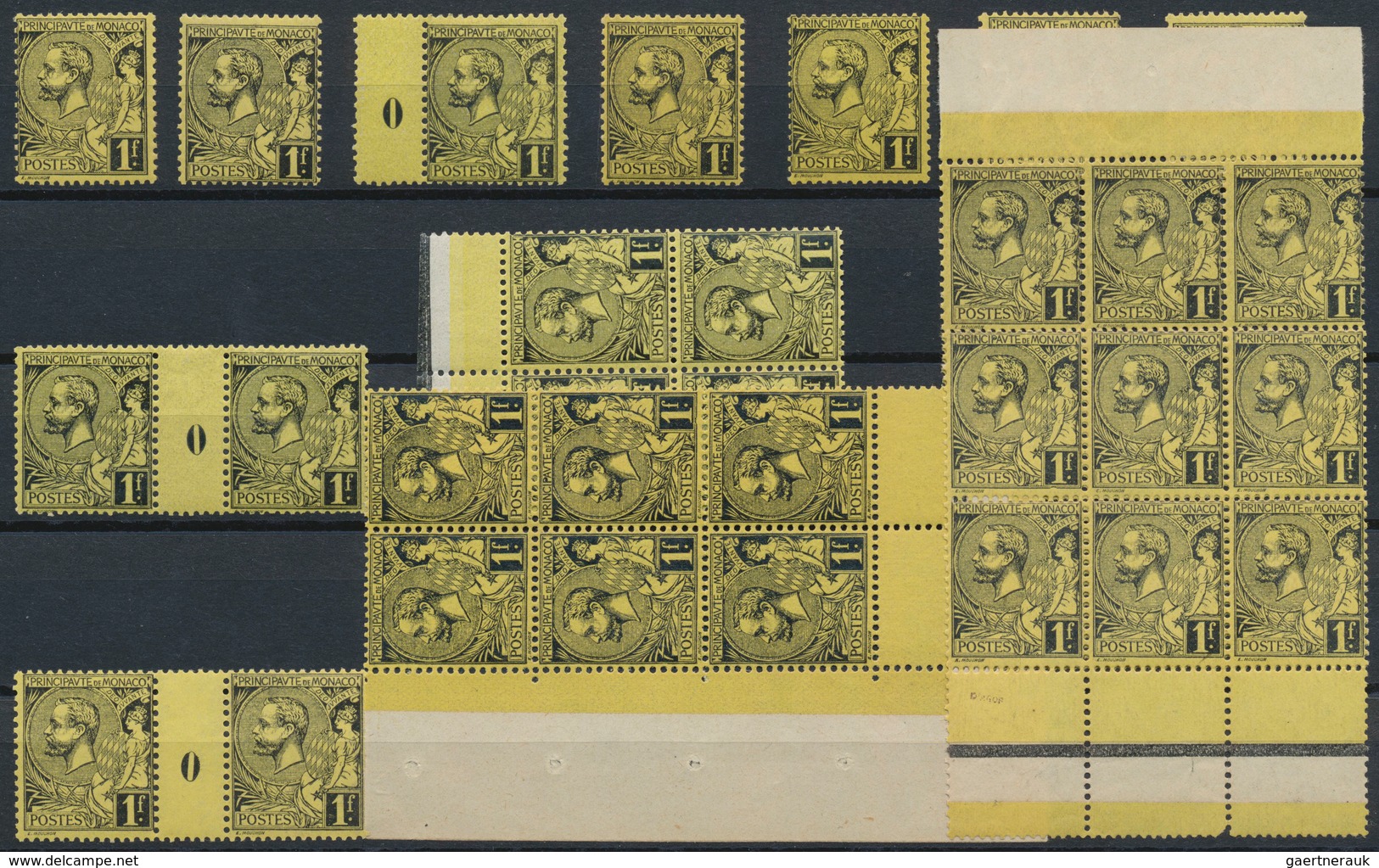 29787 Monaco: 1891/1894, 1fr. Black On Yellow, 36 U/m Pieces Incl. Units And Two Gutter Pairs With Millesi - Ongebruikt