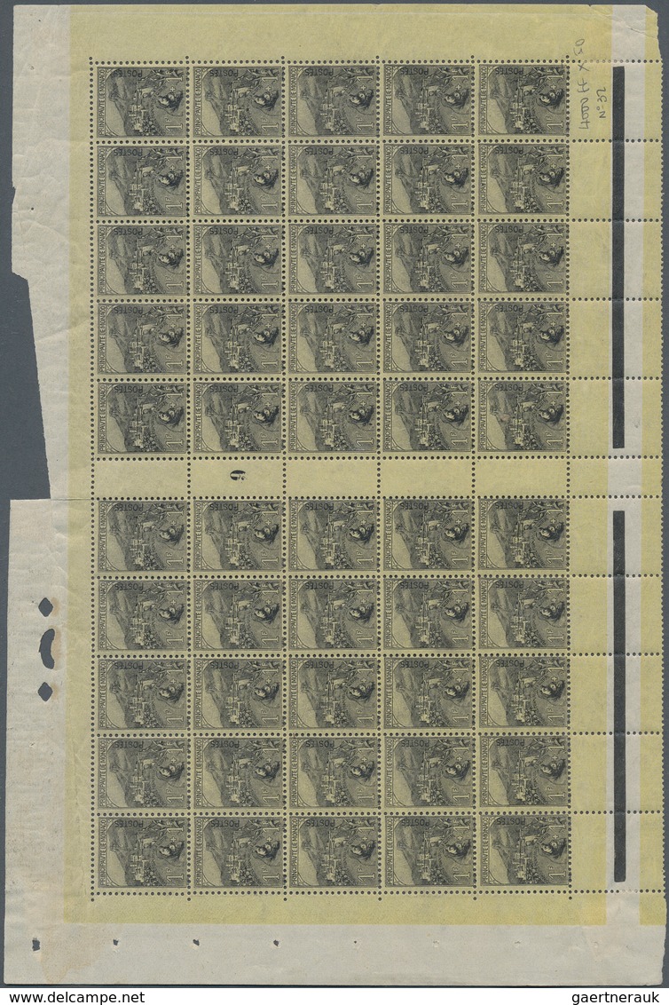 29788 Monaco: 1919, War Orphans, 1fr. Black On Yellow, (folded) Gutter Pane Of 50 Stamps, Unmounted Mint ( - Ongebruikt