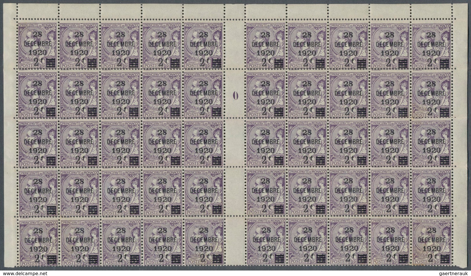29789 Monaco: 1921, Overprints, 50 Complete Sets In (folded) Gutter Panes Of 50 Stamps, Unmounted Mint, Tw - Ungebraucht