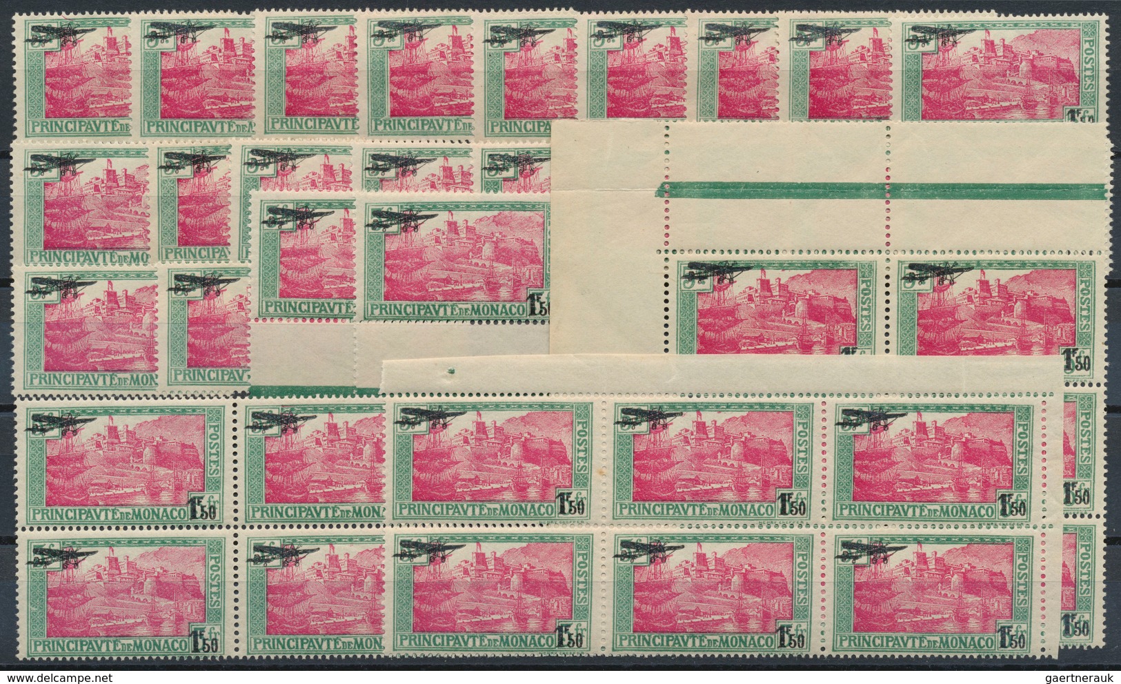 29790 Monaco: 1933, Airmail 1.50fr. On 5fr. Green/carmine, Lot Of 40 Stamps Unmounted Mint. Maury PA1 (40) - Ongebruikt