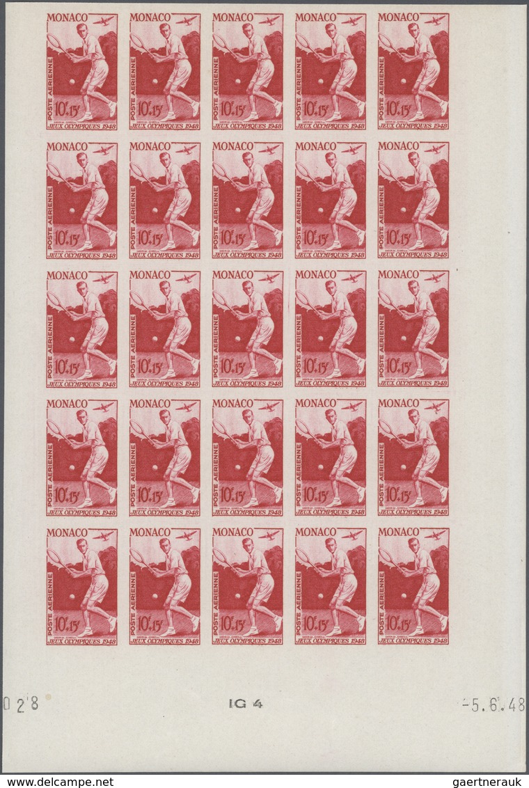 29796 Monaco: 1948, Olympic Games, Airmail Stamps IMPERFORATE, Four Values Complete In Marginal Blocks Of - Ungebraucht