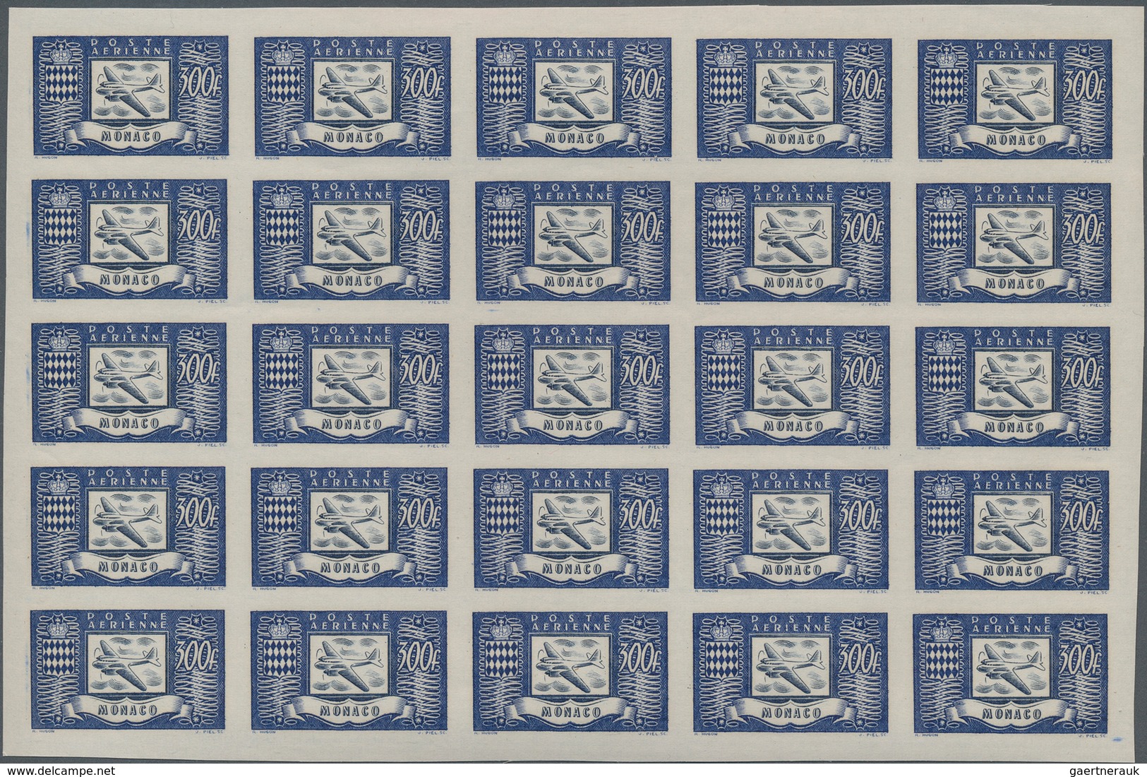 29797 Monaco: 1949, Airmails 300fr., 500fr., 1000fr., Three Values In IMPERFORATE Blocks Of 25, Unmounted - Ongebruikt