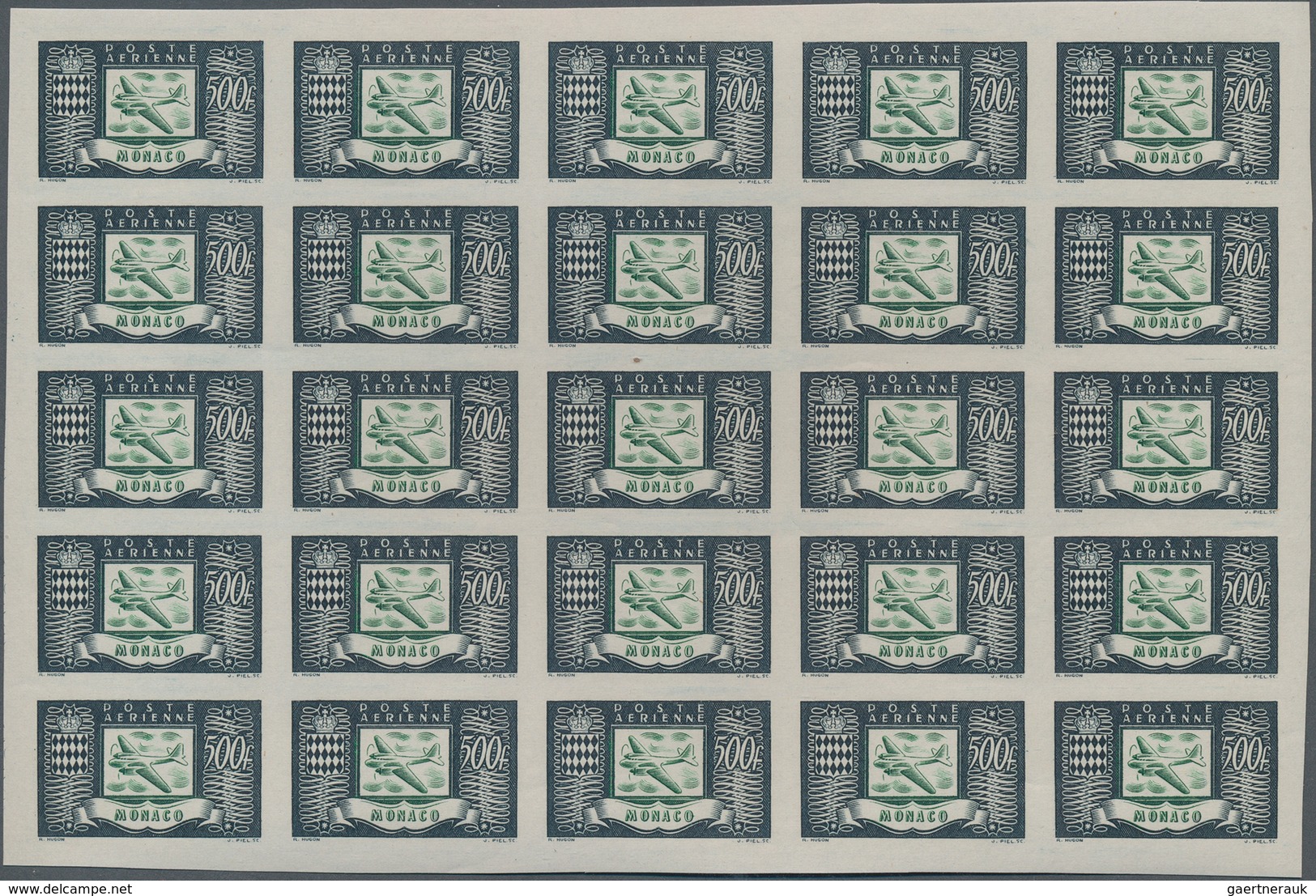 29797 Monaco: 1949, Airmails 300fr., 500fr., 1000fr., Three Values In IMPERFORATE Blocks Of 25, Unmounted - Ongebruikt