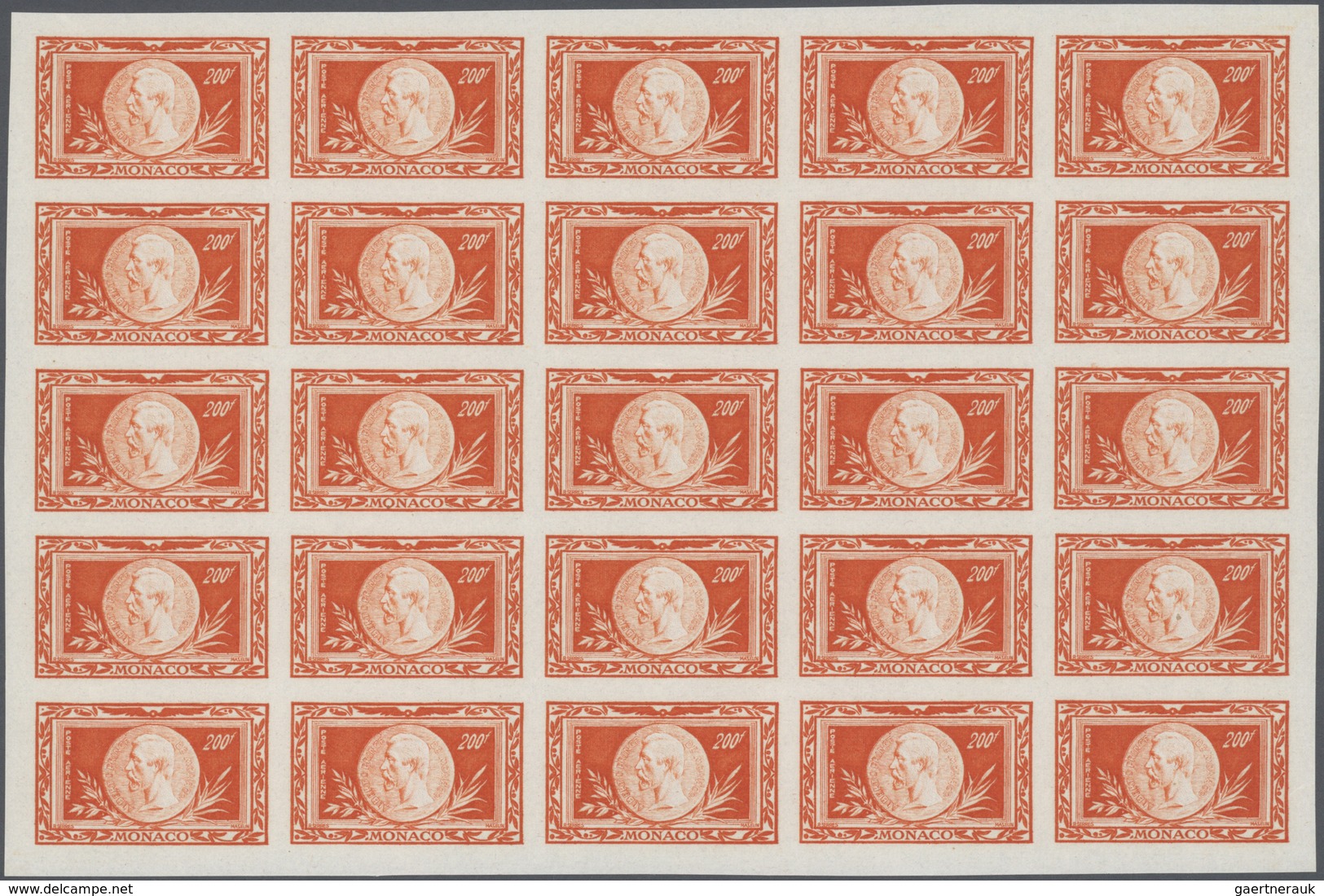 29798 Monaco: 1949, 100th Birth Anniversary IMPERFORATE, 25 Complete Sets Within Units, Unmounted Mint. Ma - Ungebraucht