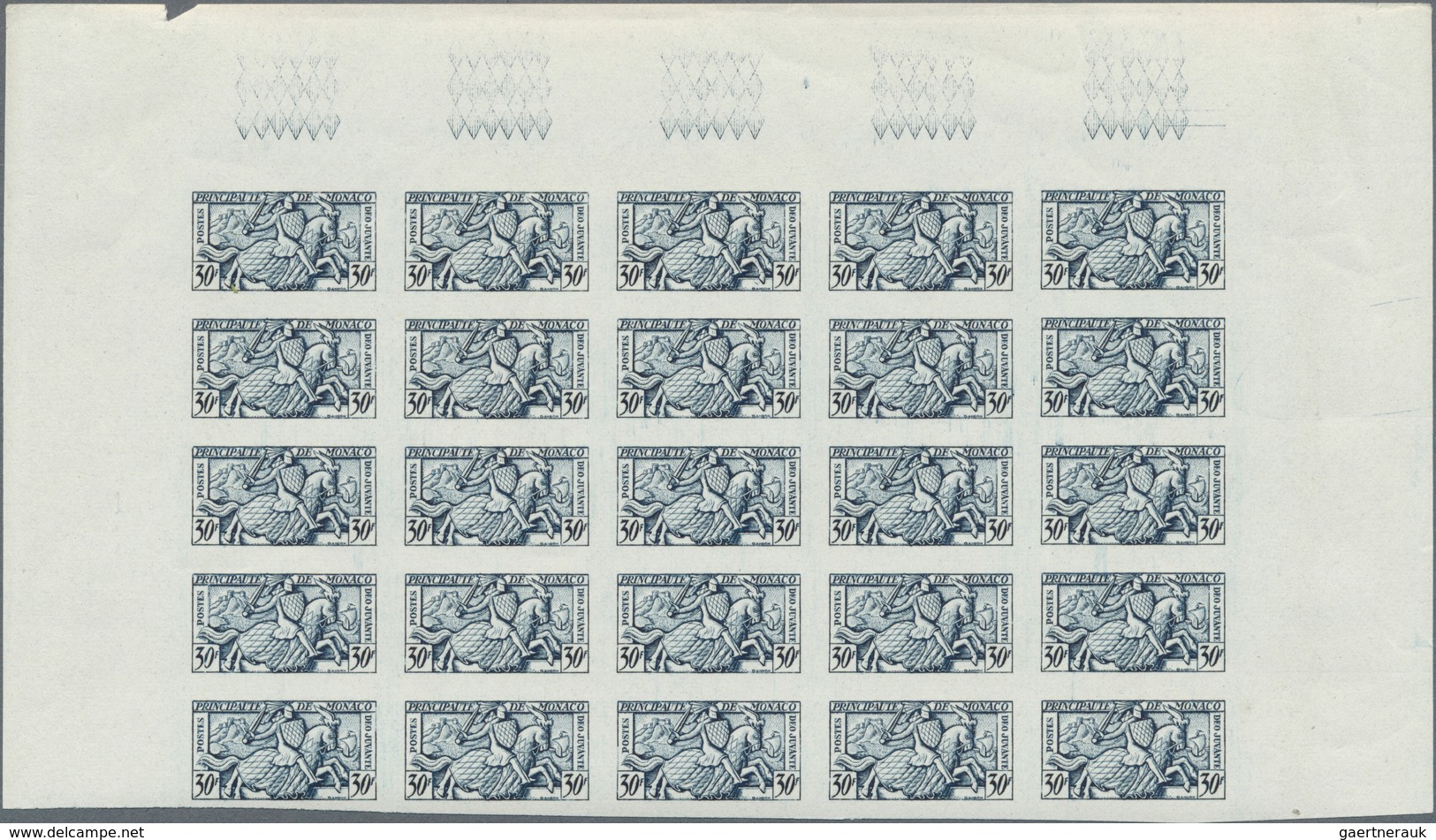 29799 Monaco: 1951, Definitives For Business Cards "Chevalier" IMPERFORATE, Complete Set, Top Marginal Blo - Ongebruikt