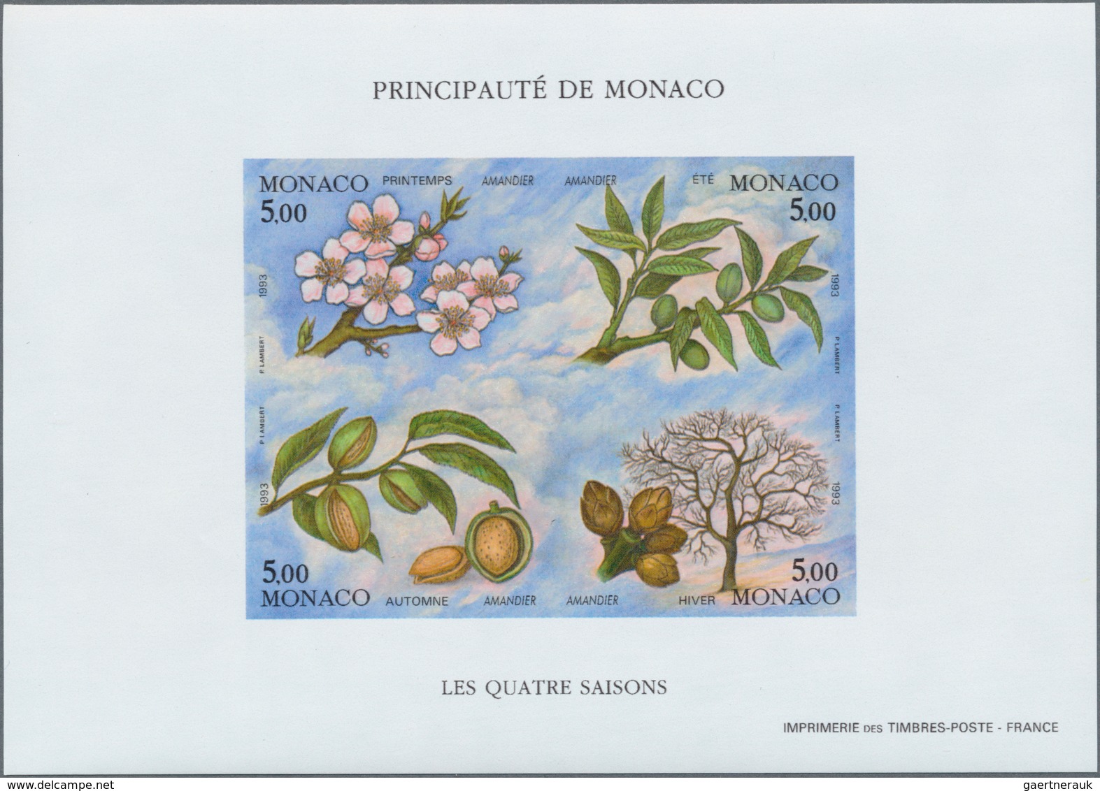 29809 Monaco: 1993, Four Seasons (Blossoms/Fruits), Souvenir Sheet Imperforate, Ten Copies Unmounted Mint. - Ungebraucht