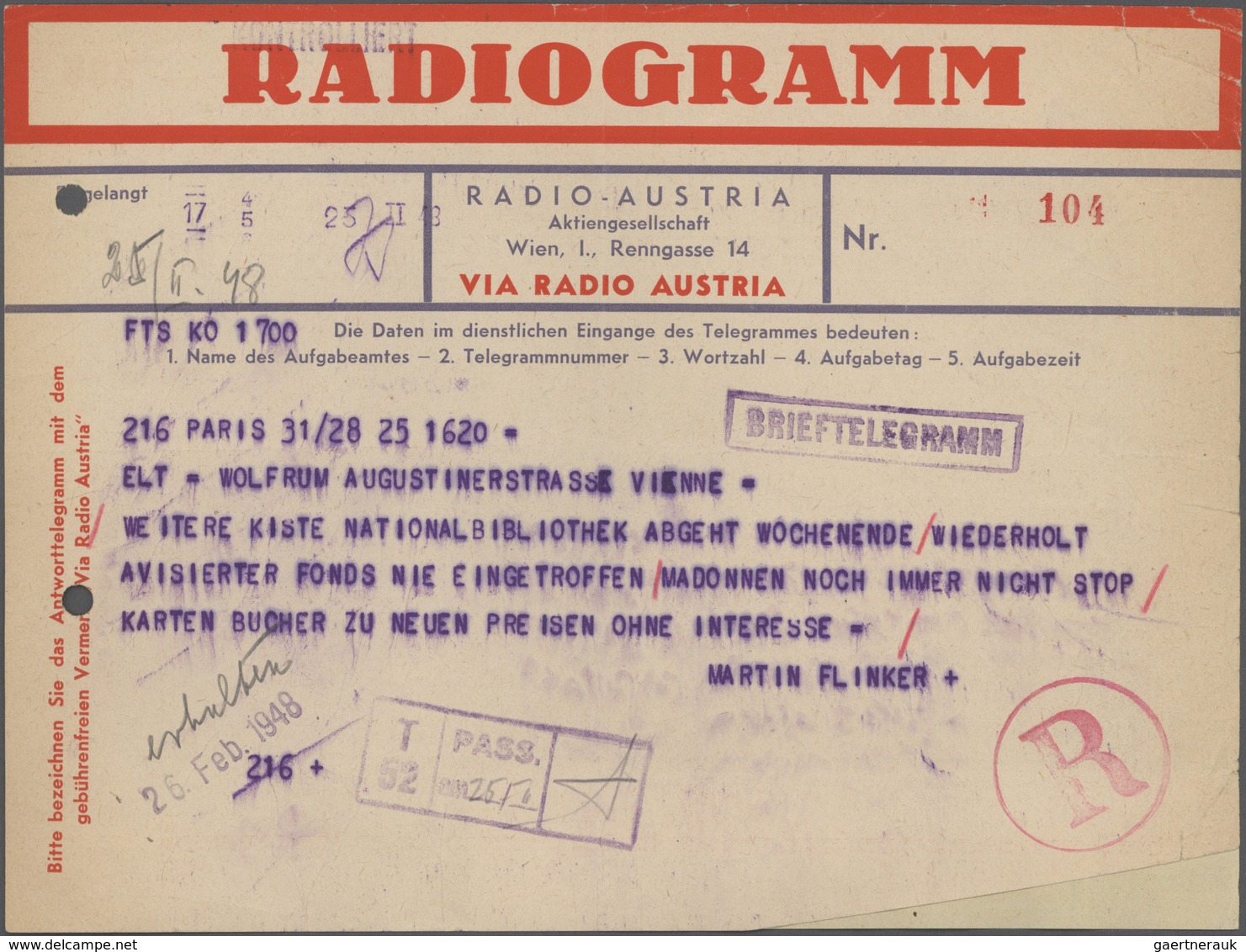 29823 Österreich: 1947/1952, Partie Mit 12 Auslandstelegrammen Nach Wien, Dabei 3 RADIOGRAMME Via Radio Au - Ungebraucht