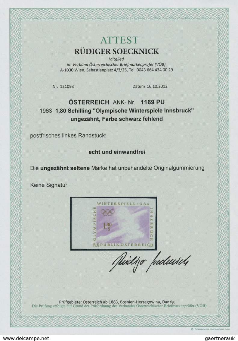 29824 Österreich: 1957/2001, Hochwertiger Attest-Posten von sechs UNGEZÄHNTEN Marken und einem Probedruck,