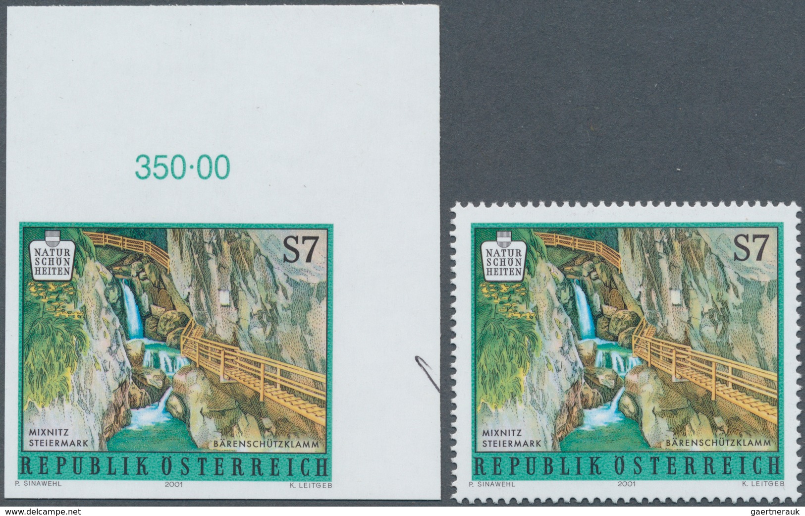 29824 Österreich: 1957/2001, Hochwertiger Attest-Posten von sechs UNGEZÄHNTEN Marken und einem Probedruck,