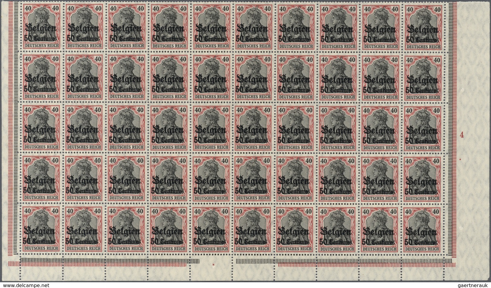 30035 Deutsche Besetzung I. WK: Landespost In Belgien: 1914: 50 Centimes Auf 40 Pfg Friedensdruck , Postfr - Bezetting 1914-18