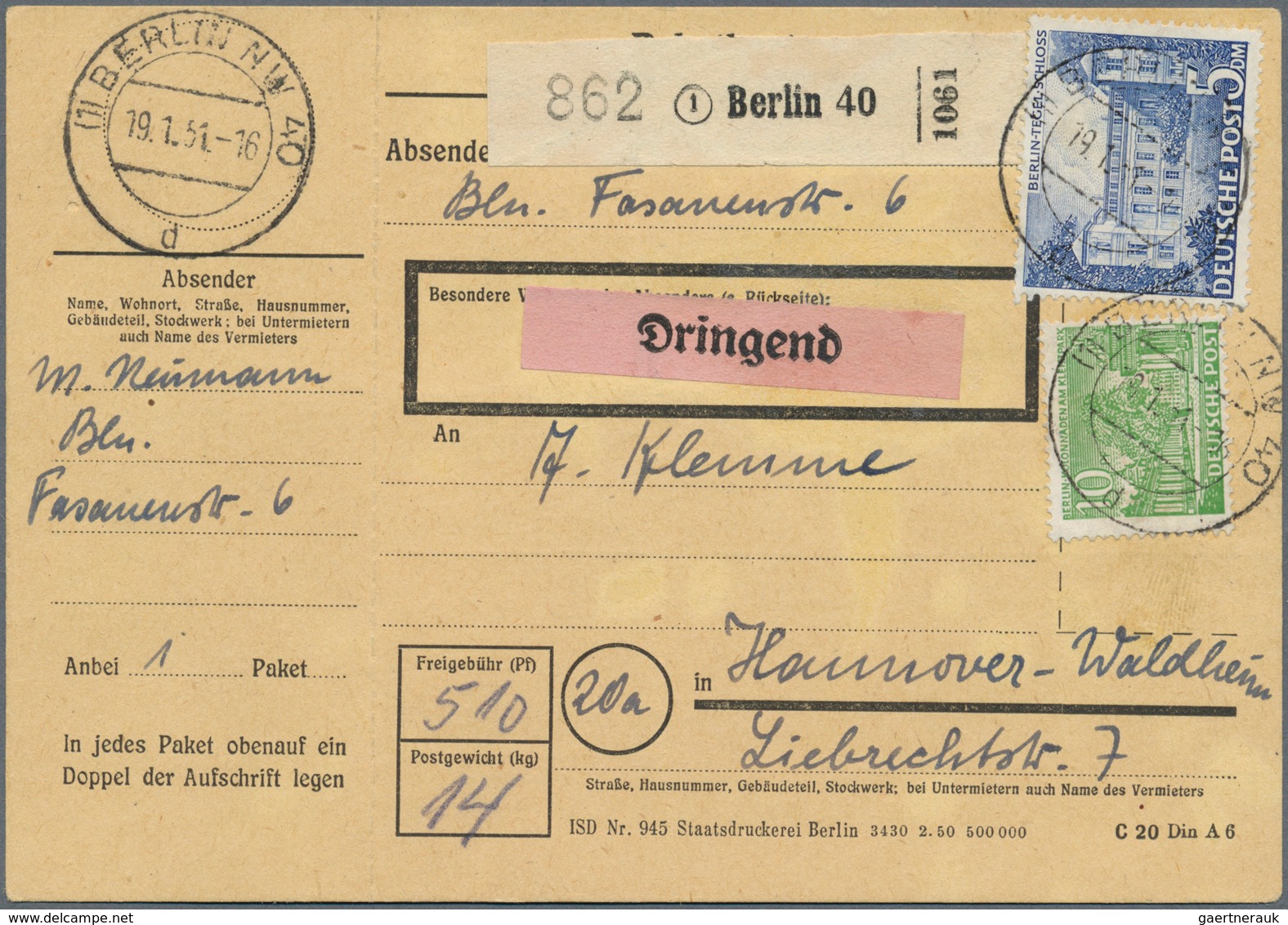 30100 Berlin: 1949/1952, Freimarken Bauten, Partie Mit 15 Paketkarten, Dabei 2 Paketkarten "Dringend" Mit - Andere & Zonder Classificatie