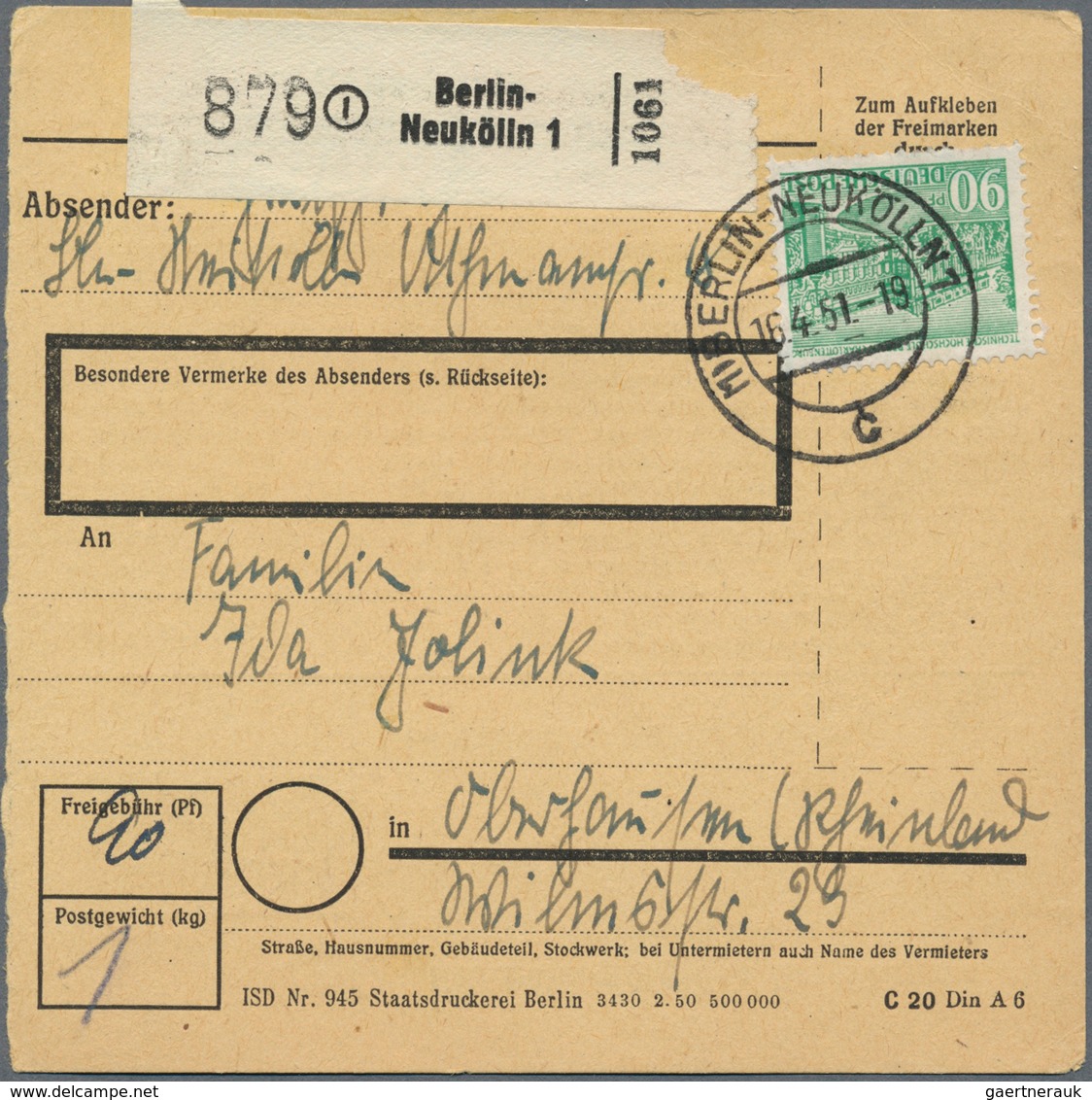 30100 Berlin: 1949/1952, Freimarken Bauten, Partie Mit 15 Paketkarten, Dabei 2 Paketkarten "Dringend" Mit - Autres & Non Classés