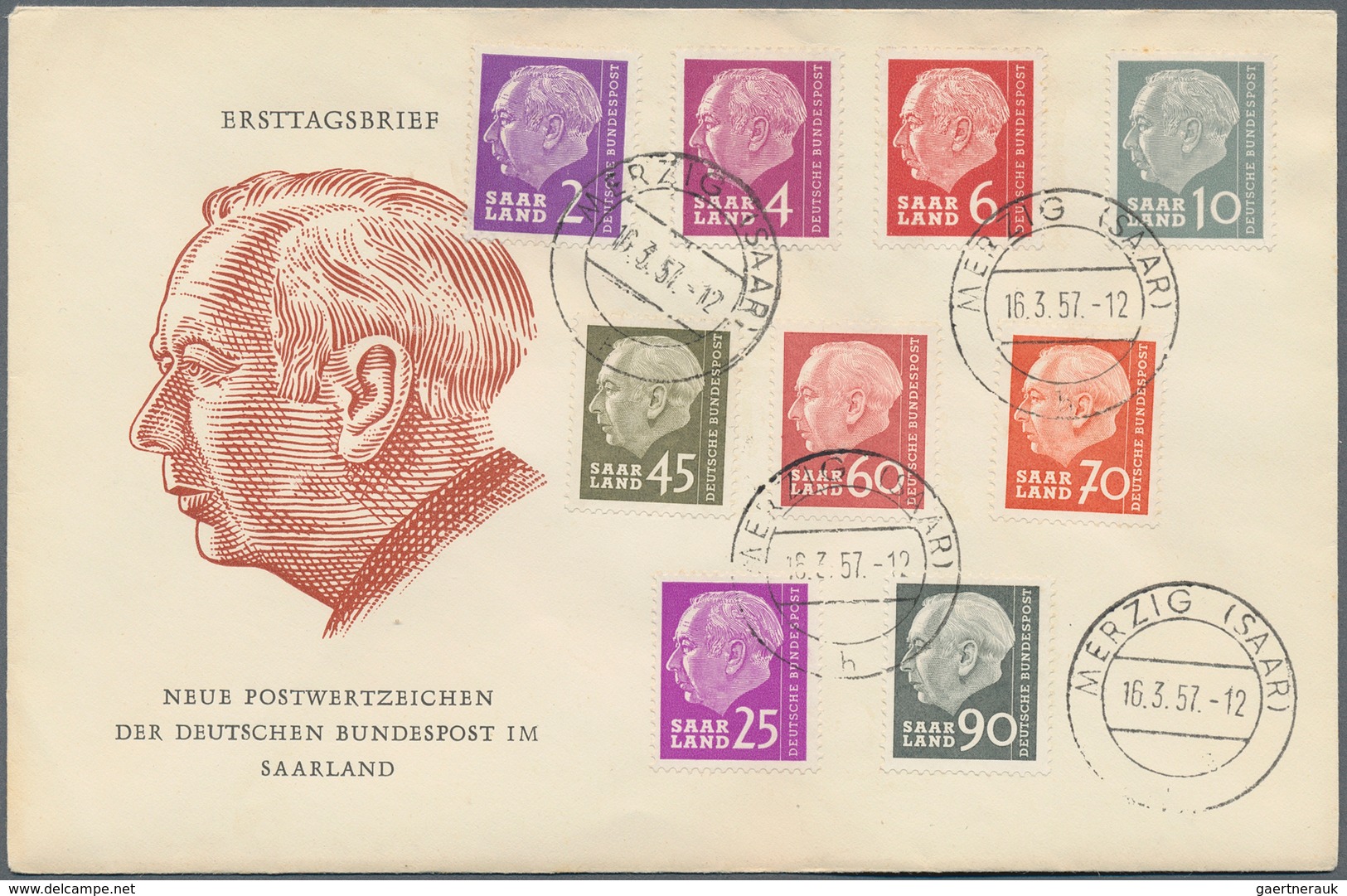 30104 Saarland (1957/59) - OPD Saarbrücken: 1957, Heuss I, Vier Komplette Serien Je Auf Vier Schmuck-FDCs - Gebraucht