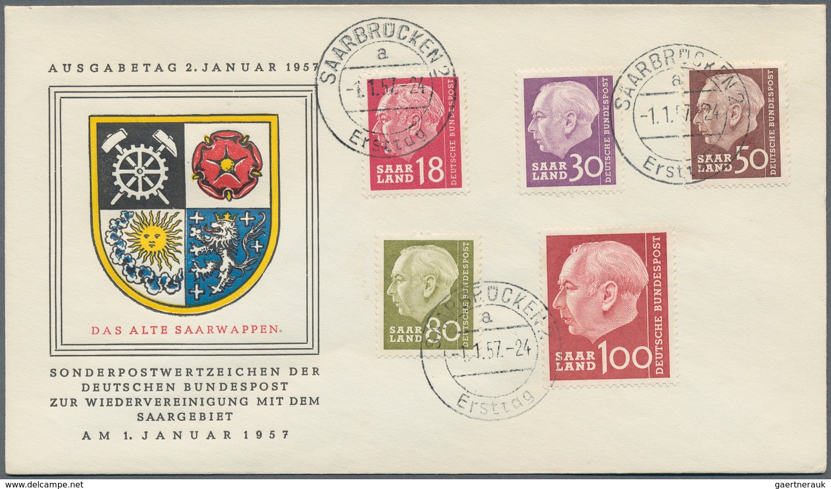 30105 Saarland (1957/59) - OPD Saarbrücken: 1957, Heuss I, Vier Komplette Serien Je Auf Vier Schmuck-FDCs - Gebruikt