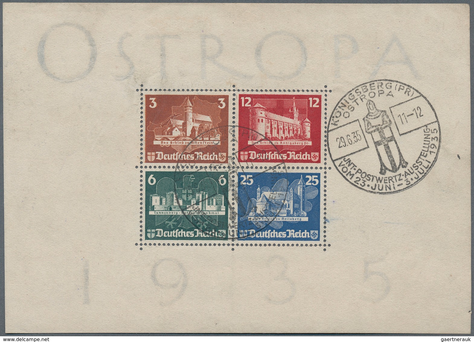 31089 Deutschland: 1935, Dt.Reich Ostropa-Block Mit SST (kl. Mängel) Sowie Saar MiNr. 179/94 Auf Vier R-Br - Sammlungen