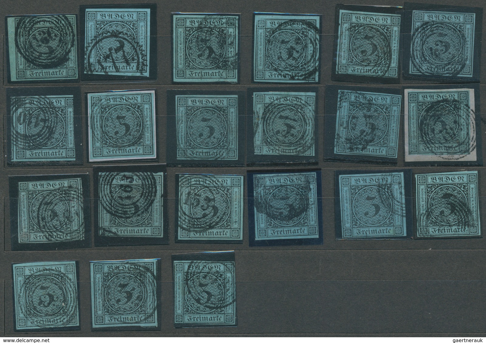 31182 Baden - Marken und Briefe: 1851/67, Umfangreicher Posten von fast fünfzig großen Steckkarten (meist