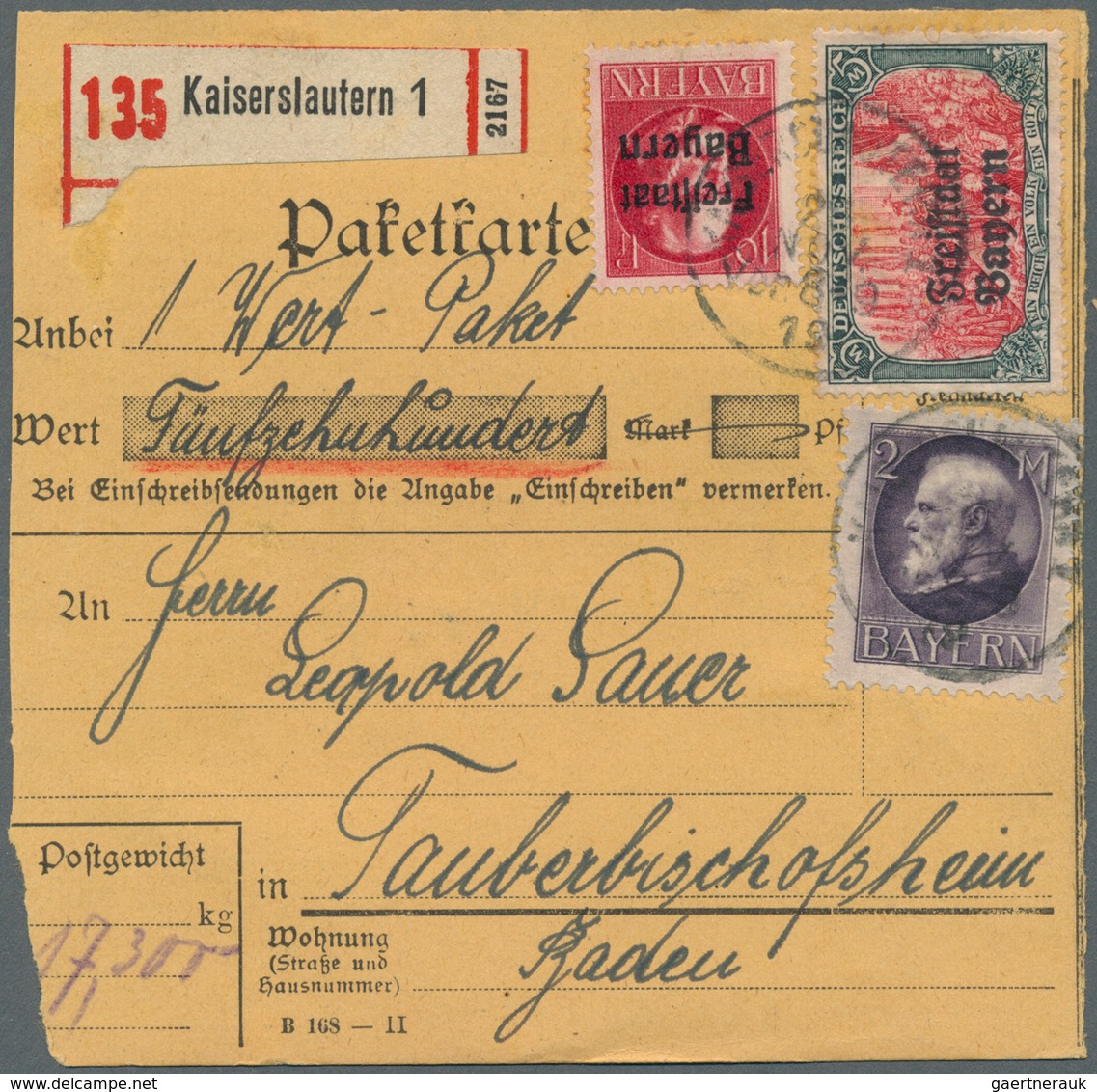 31211 Bayern - Marken Und Briefe: 1916/1919, Lot Von Drei Paketkarten-Stammteilen: Eisenbahn-Dienstlochung - Andere & Zonder Classificatie