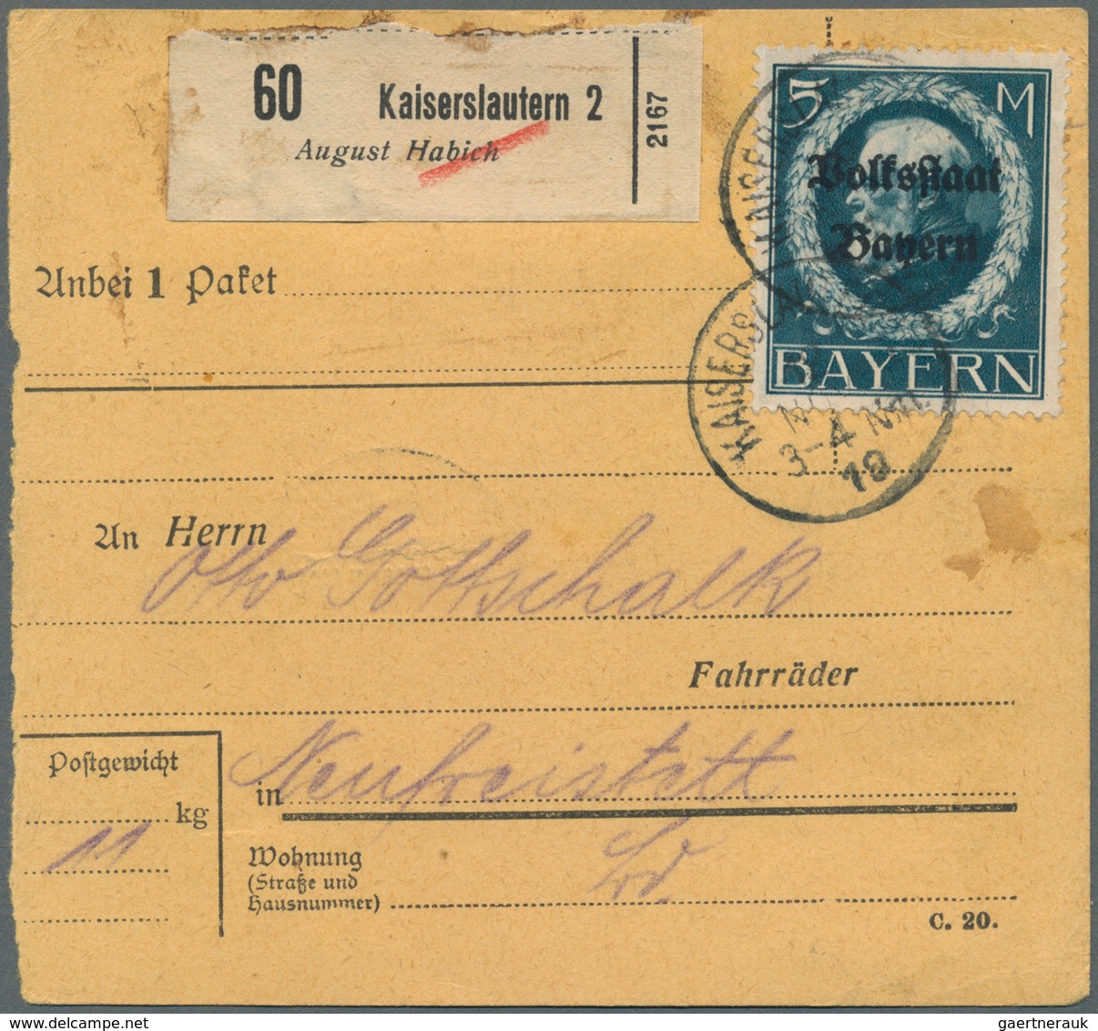 31211 Bayern - Marken Und Briefe: 1916/1919, Lot Von Drei Paketkarten-Stammteilen: Eisenbahn-Dienstlochung - Sonstige & Ohne Zuordnung