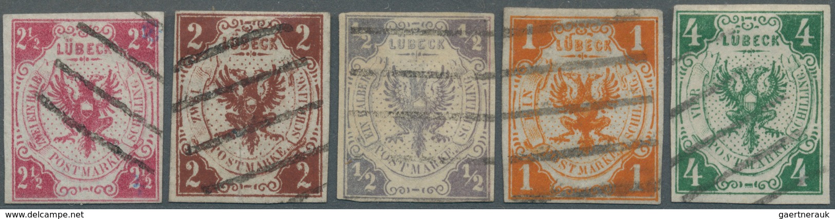 31276 Lübeck - Marken Und Briefe: 1859, Lot Von Fünf Gestempelten Marken: MiNr. 3 Repariert (Kurzbefund Br - Luebeck