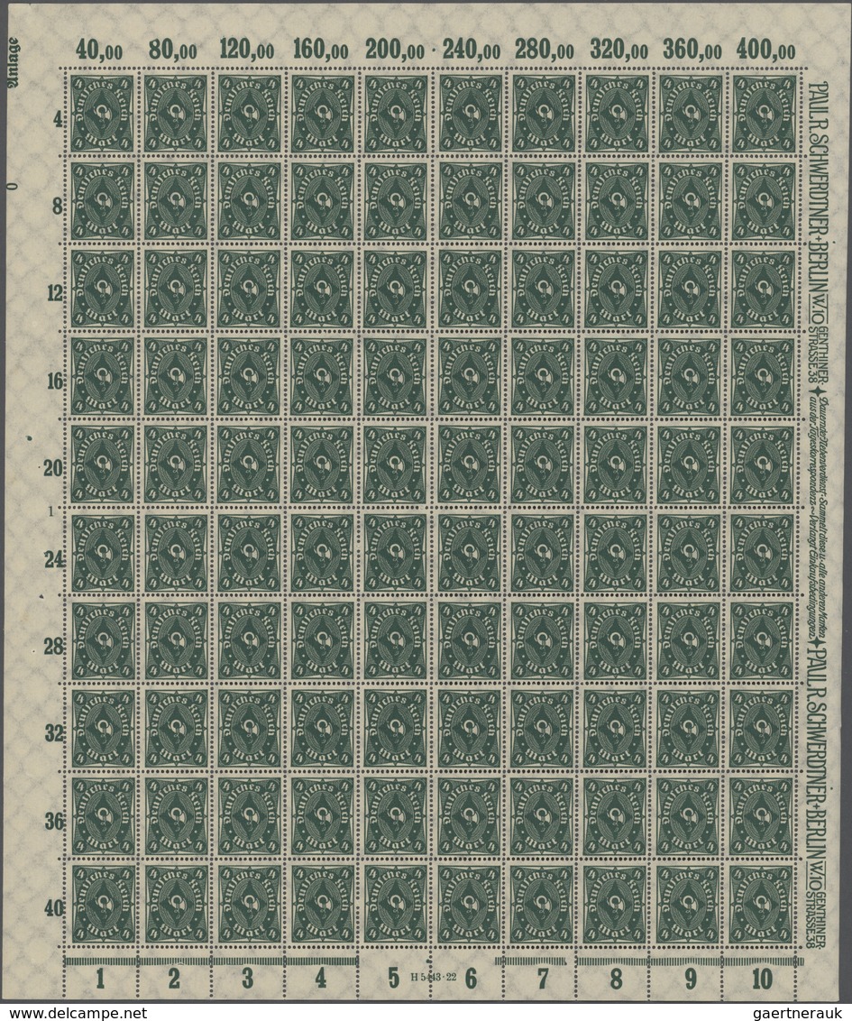 31580 Deutsches Reich - Inflation: 1922, Posthorn 4 Mark Dunkelgrün, WZ 2 UNGEZÄHNT Im Kompletten 100-er B - Brieven En Documenten