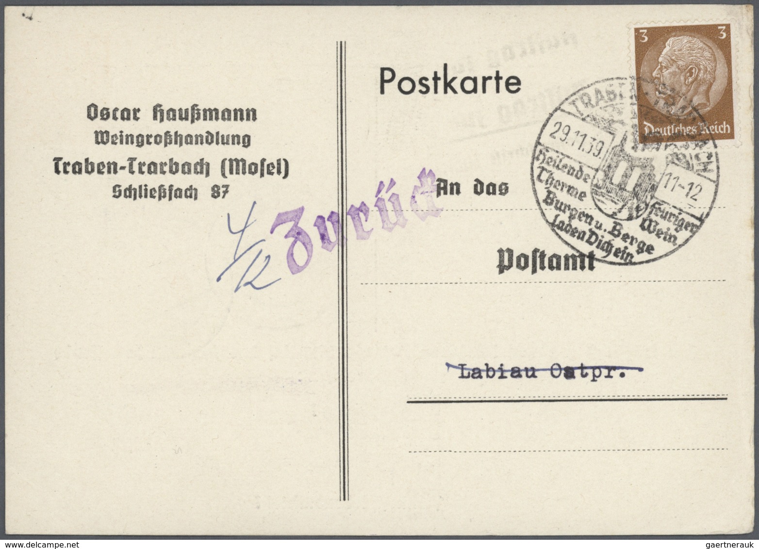 31663 Deutsches Reich - 3. Reich: 1939/1940, Ca. 350 Anschriftenprüfungskarten Von Einem Weinhändler In Tr - Ongebruikt