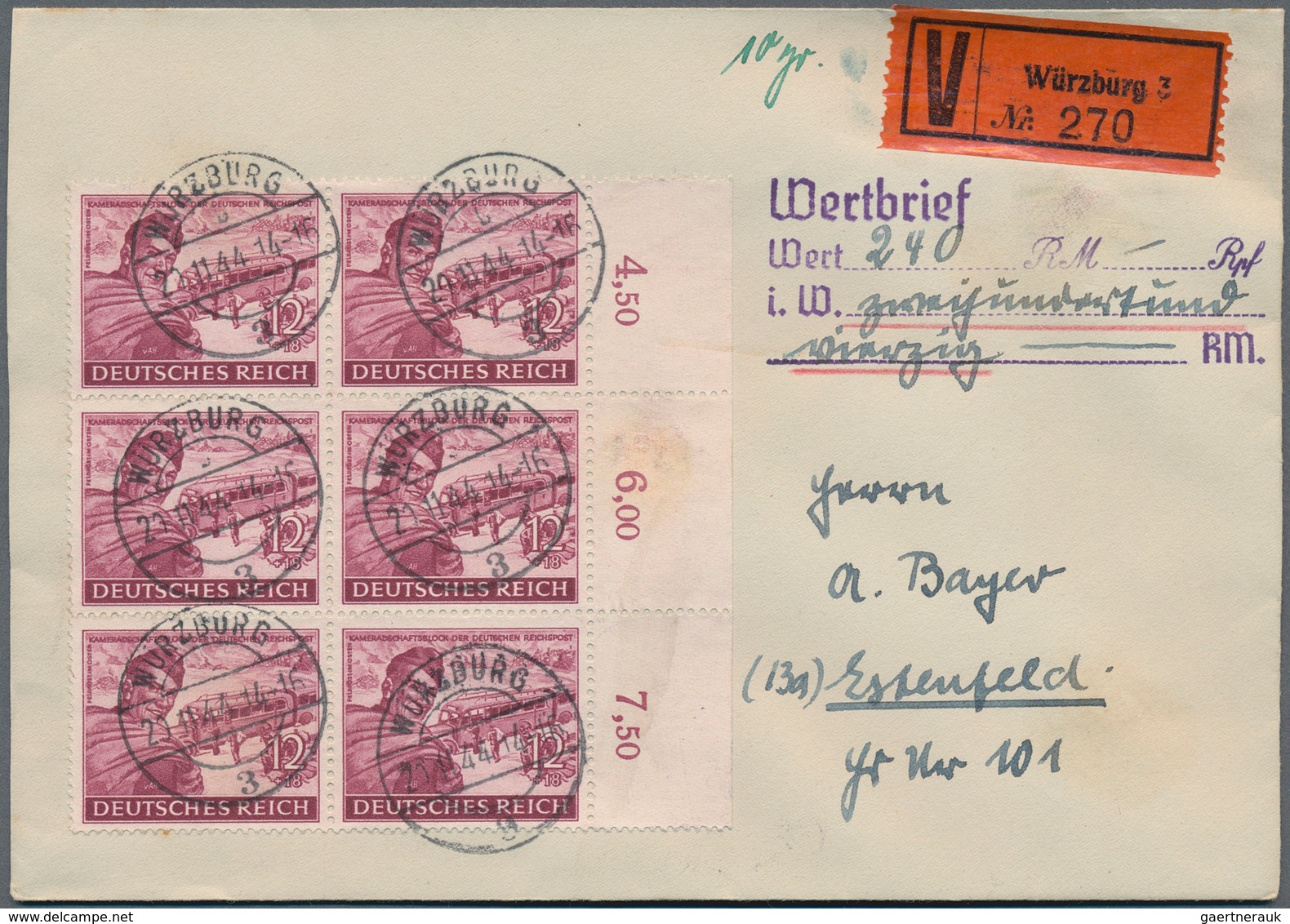 31673 Deutsches Reich - 3. Reich: 1944, Partie von neun portogerechten Wertbriefen mit Sondermarken-Mehrfa