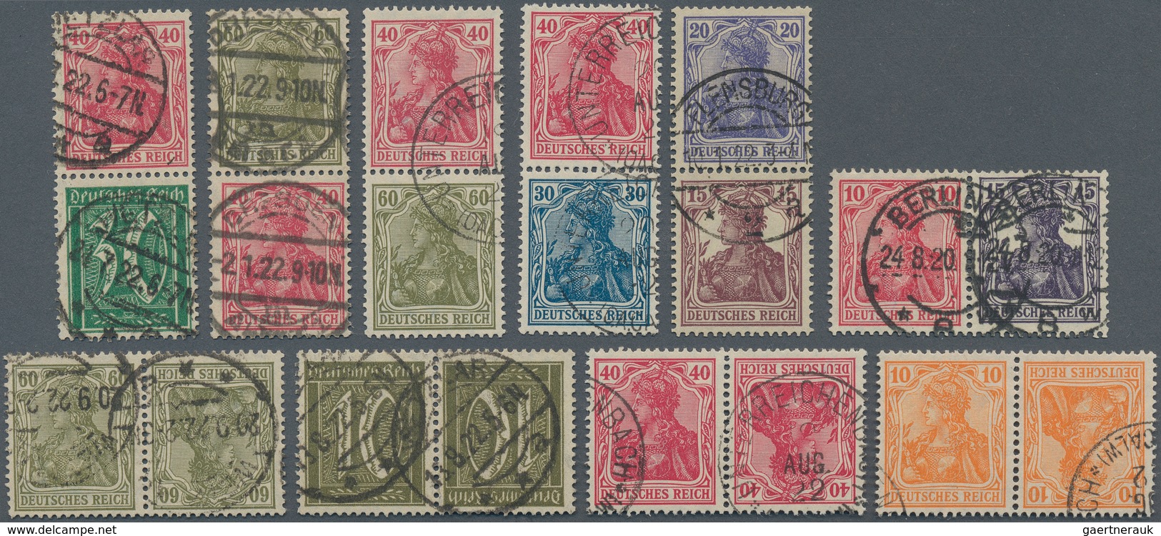 31697 Deutsches Reich - Zusammendrucke: 1920/1921, 16 Gestempelte Zusammendrucke Germania Und Ziffer Mit B - Zusammendrucke