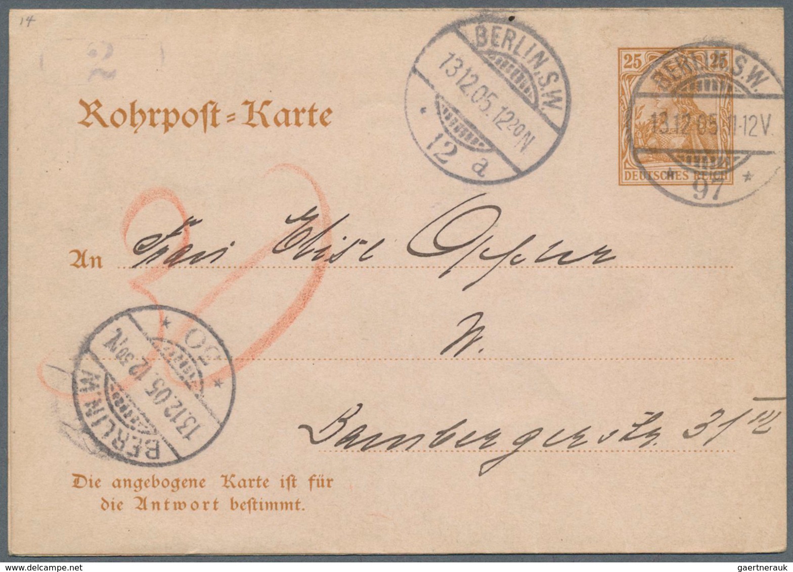 31765 Deutsches Reich - Ganzsachen: 1877/1938, Interessante Slg. Mit Ca.20 Gebrauchten Rohrpost-Ganzsachen - Andere & Zonder Classificatie